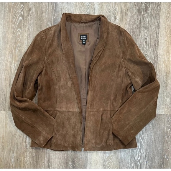 Eileen Fisher Womens Sz S Brown 100% ITALIAN GOAT Suede Leather Blazer Jacket - Picture 3 of 9